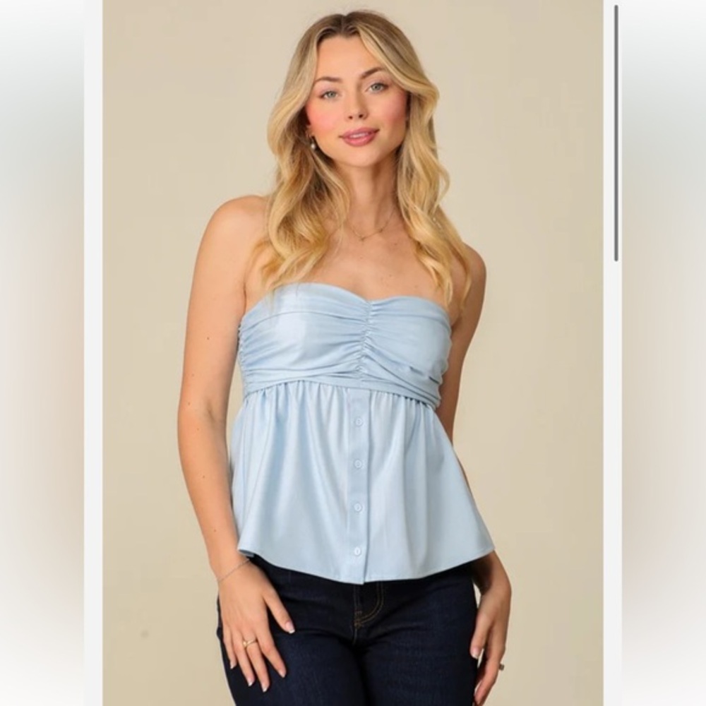 Lumiere Size L Strapless Babydoll Top Pastel Baby Blue Euro Summer Feminine NWT